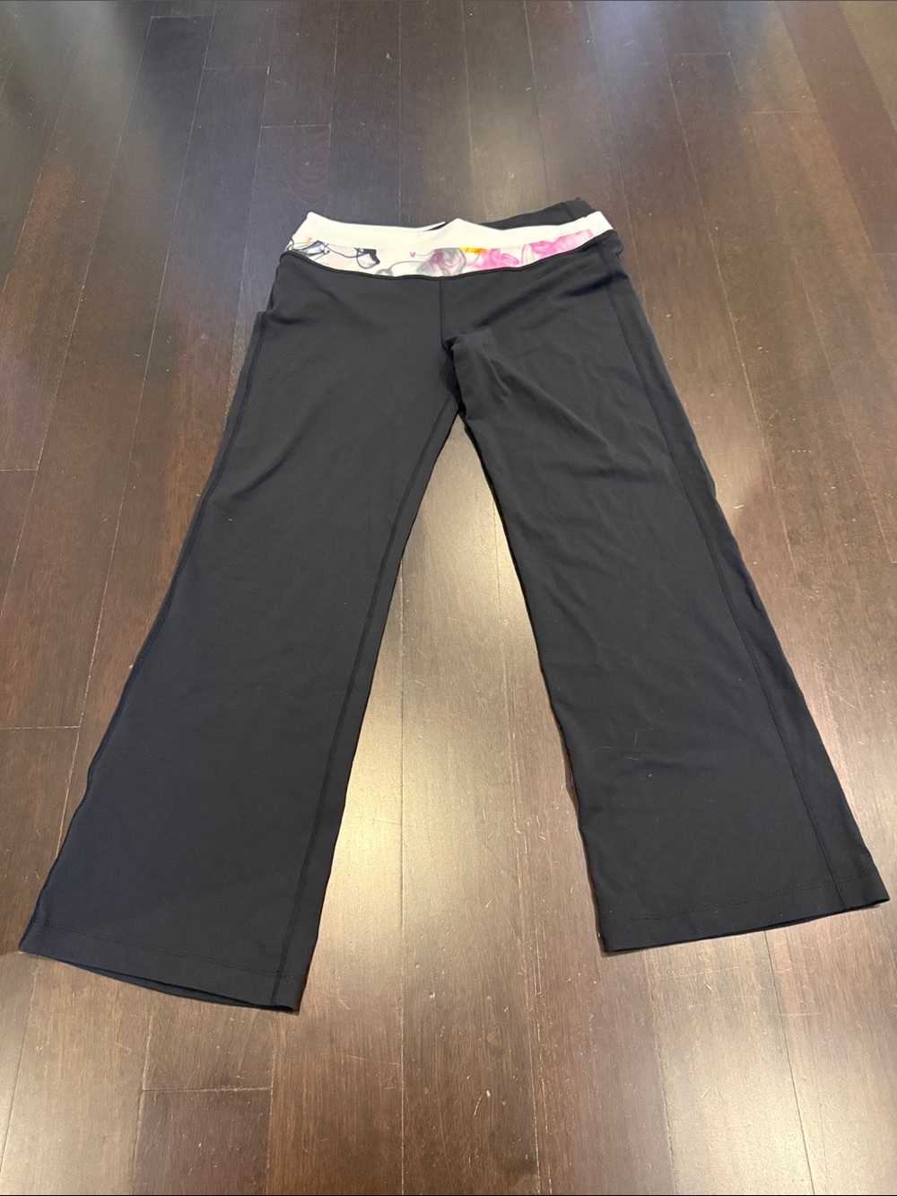 lululemon athletica Black Fold-Over Waist Yoga Pants with Floral Trim